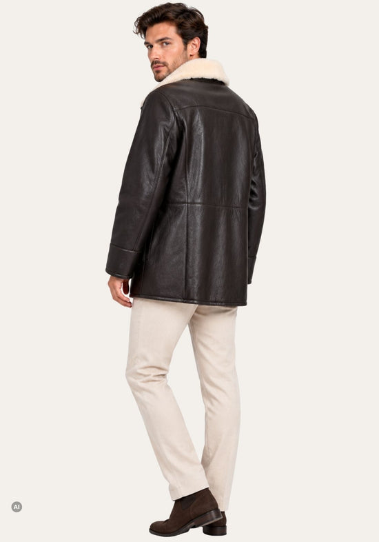 Herren-Lammfelljacke Dunkelbraun mit cremeweißem Fellrevers