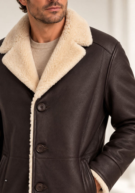 Herren-Lammfelljacke Dunkelbraun mit cremeweißem Fellrevers