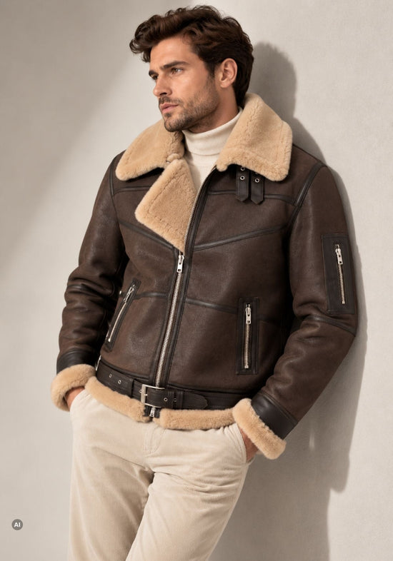 Herren-Lammfell-Fliegerjacke Dunkelbraun mit Gürtel