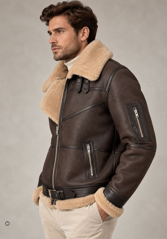 Herren-Lammfell-Fliegerjacke Dunkelbraun mit Gürtel