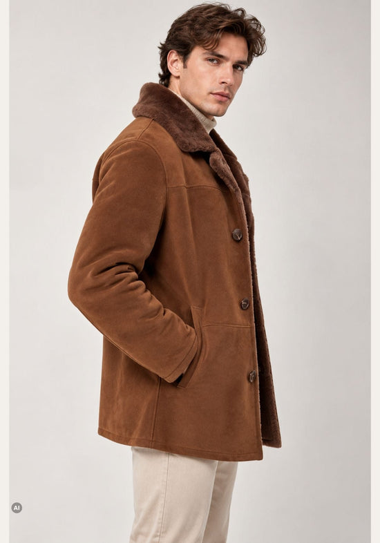 Herren-Lammfelljacke Braun mit markantem Fellkragen
