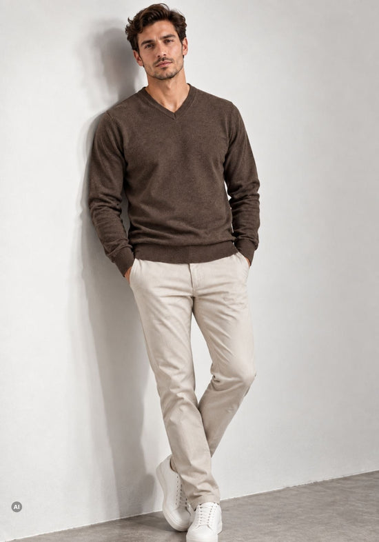 Herren-Feinstrickpullover aus Lammwolle Braun Modell YAKA