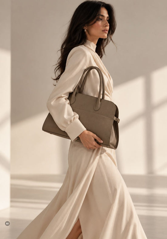 Damen-Schultertasche aus genarbtem Leder Taupe