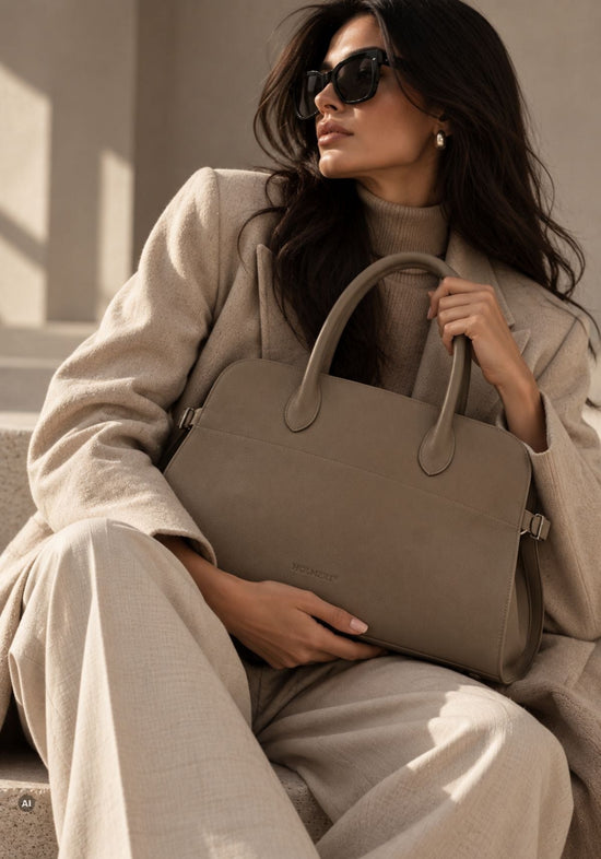Damen-Schultertasche aus genarbtem Leder Taupe