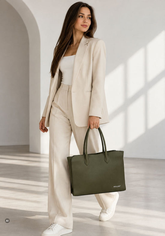 Damen-Henkeltasche aus genarbtem Leder Olivgrün
