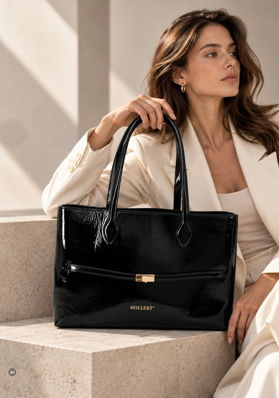Damen-Henkeltasche Knitted aus Echtleder in Lackoptik Schwarz
