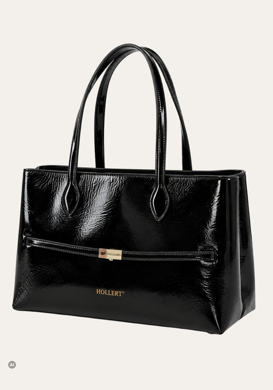 Damen-Henkeltasche Knitted aus Echtleder in Lackoptik Schwarz