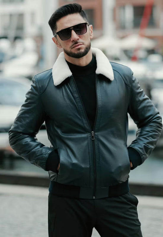 Luxus-Lammfelljacke Damian | Dunkelblau – Pilotenstil & Merino-Lammfell