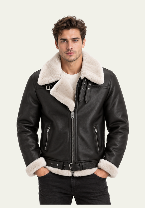 Premium Herren-Lammfelljacke JAMES Espresso / Weiß