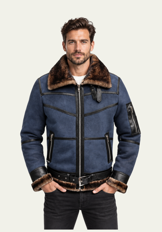 Herren Merino Lammfell Bomberjacke  B16 in Blau