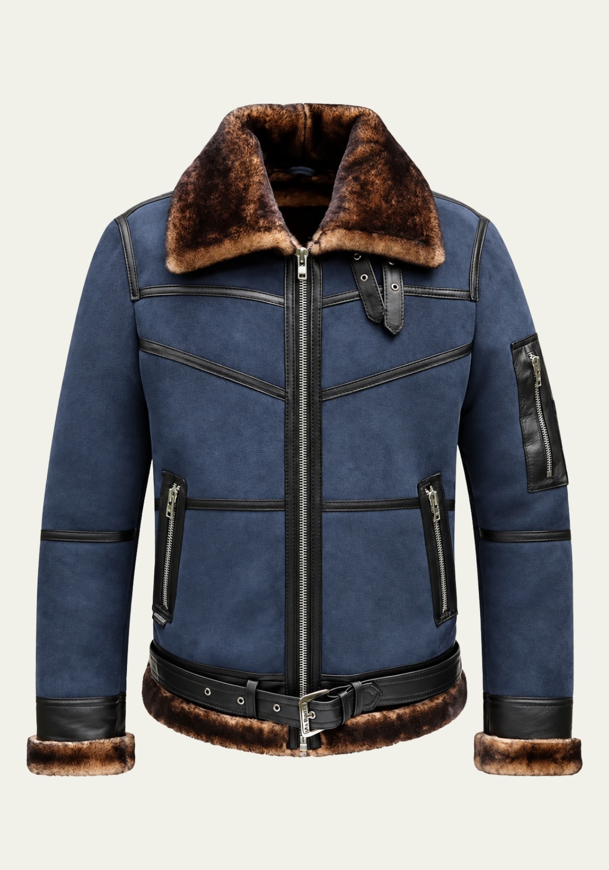 Herren Merino Lammfell Bomberjacke  B16 in Blau
