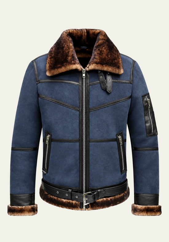 Herren Merino Lammfell Bomberjacke  B16 in Blau