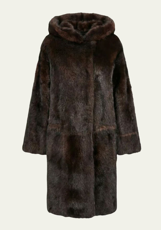 Luxuriöser Toscana Lammfell-Wendemantel mit Kapuze – Braun Modell 1095