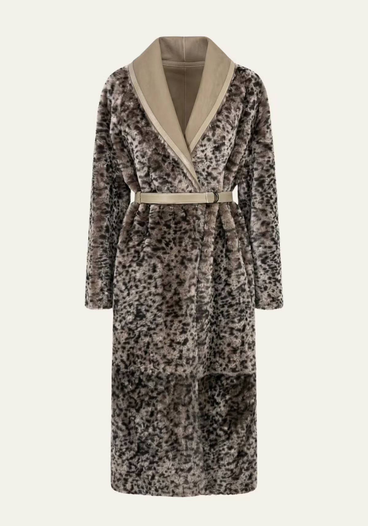 Luxuriöser Shearling-Wendemantel mit Leoparden-Dessin – Taupe & Sandton– Modell 1987