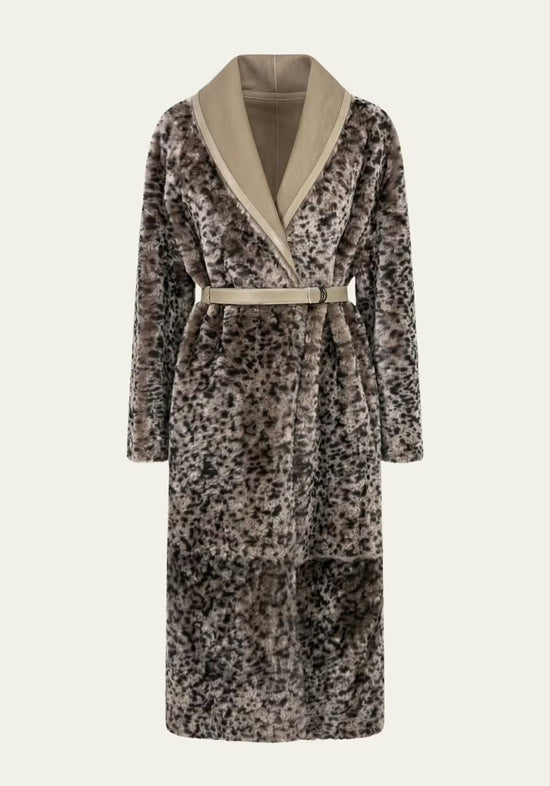 Luxuriöser Shearling-Wendemantel mit Leoparden-Dessin – Taupe & Sandton– Modell 1987