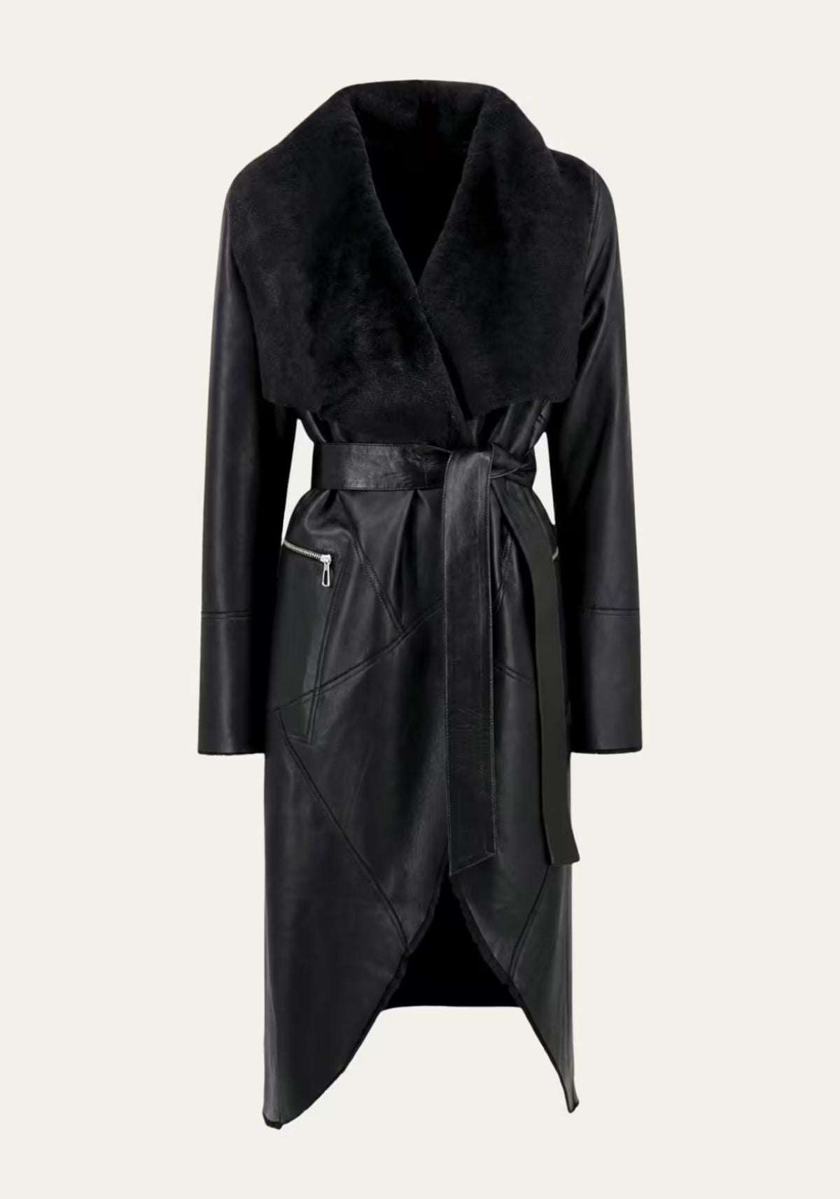 Exklusiver Shearling Wendemantel Schwarz – Abnehmbarer Curly-Fellkragen