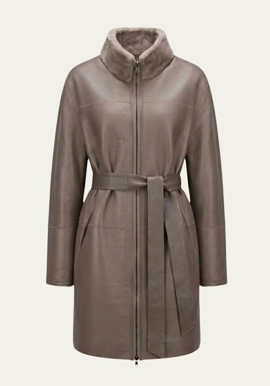 Exklusiver Merino Shearling Wendemantel Graubraun – Zwei Luxus-Looks in einem