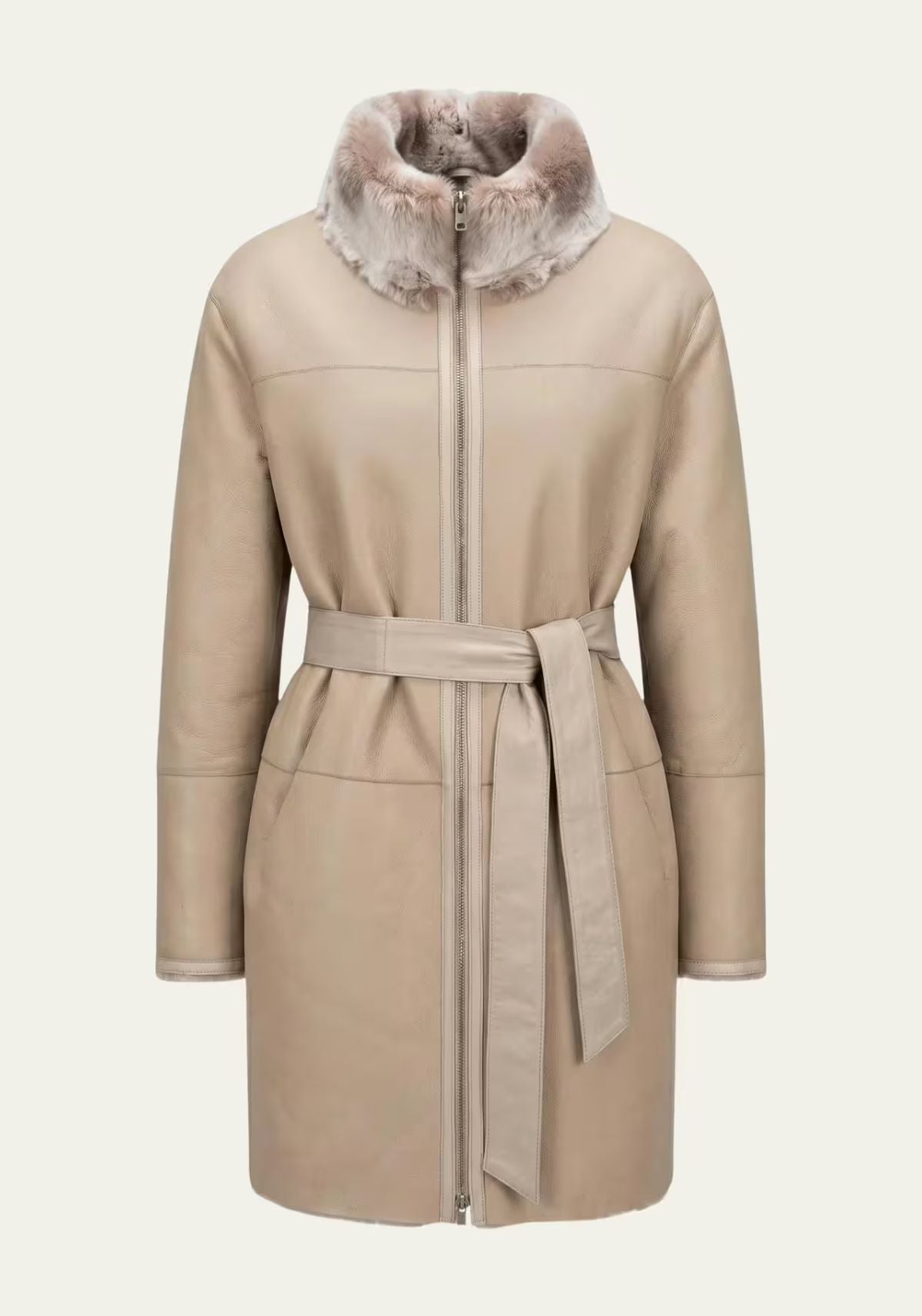 Exklusiver Merino Shearling Wendemantel Taupe-Beige – Zwei Luxus-Looks in einem