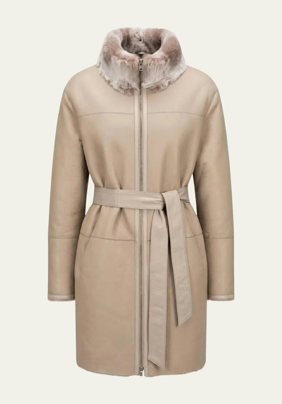 Exklusiver Merino Shearling Wendemantel Taupe-Beige – Zwei Luxus-Looks in einem