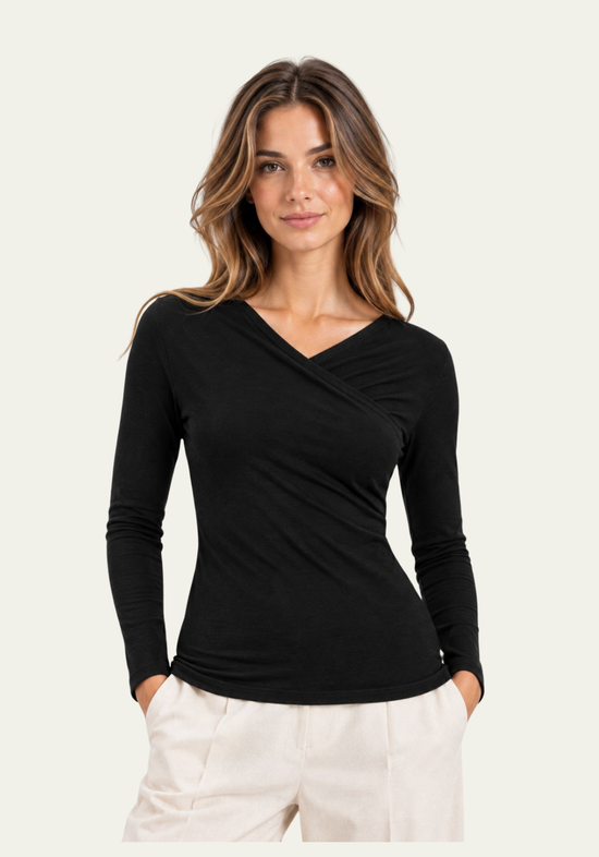 Damen-Langarmshirt aus Lyocell und Merinowolle Schwarz