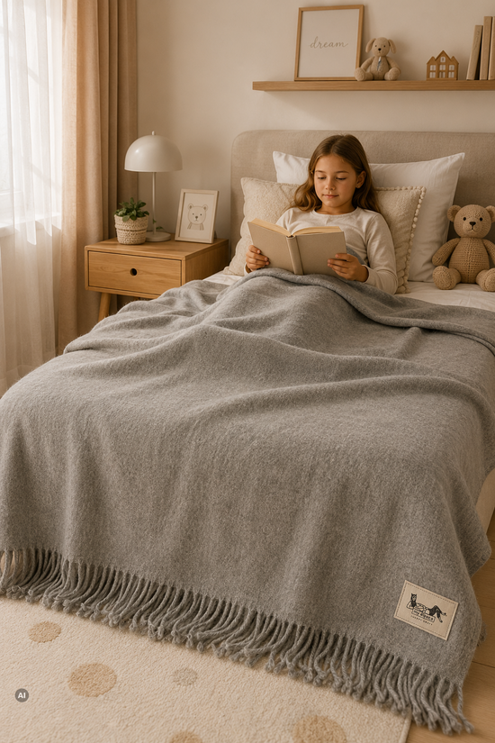 Baby-Alpaka-Decke Silbergrau auf Bett im Kinderzimmer