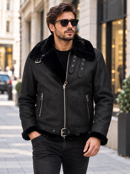 Schwarze Herren-Lammfelljacke als Bomberjacke im Stadt-Look mit Sonnenbrille
