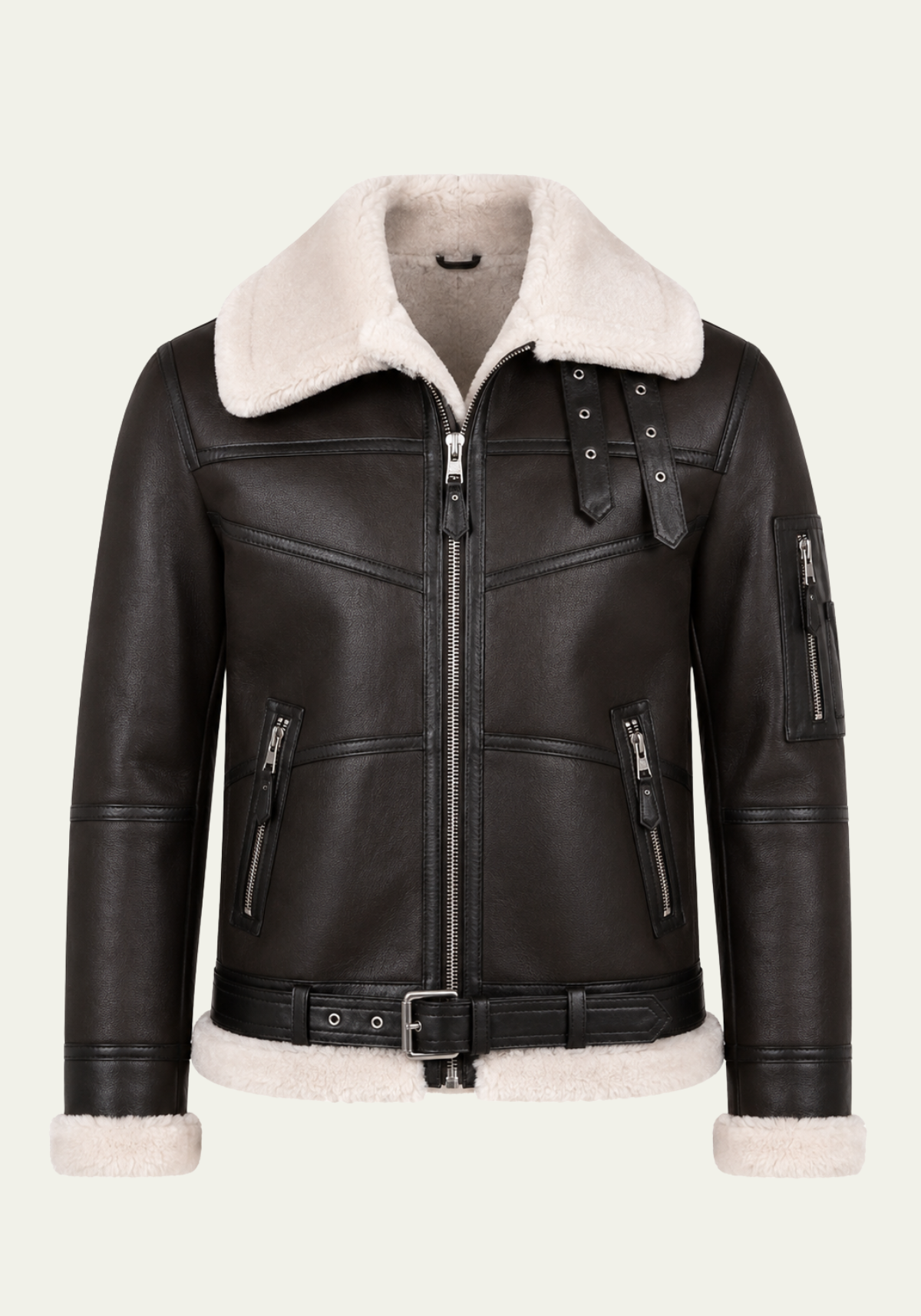 Herren Merino Lammfell Bomberjacke Espresso mit cremefarbenem Lammfellkragen und -säumen, Vorderansicht ohne Modell