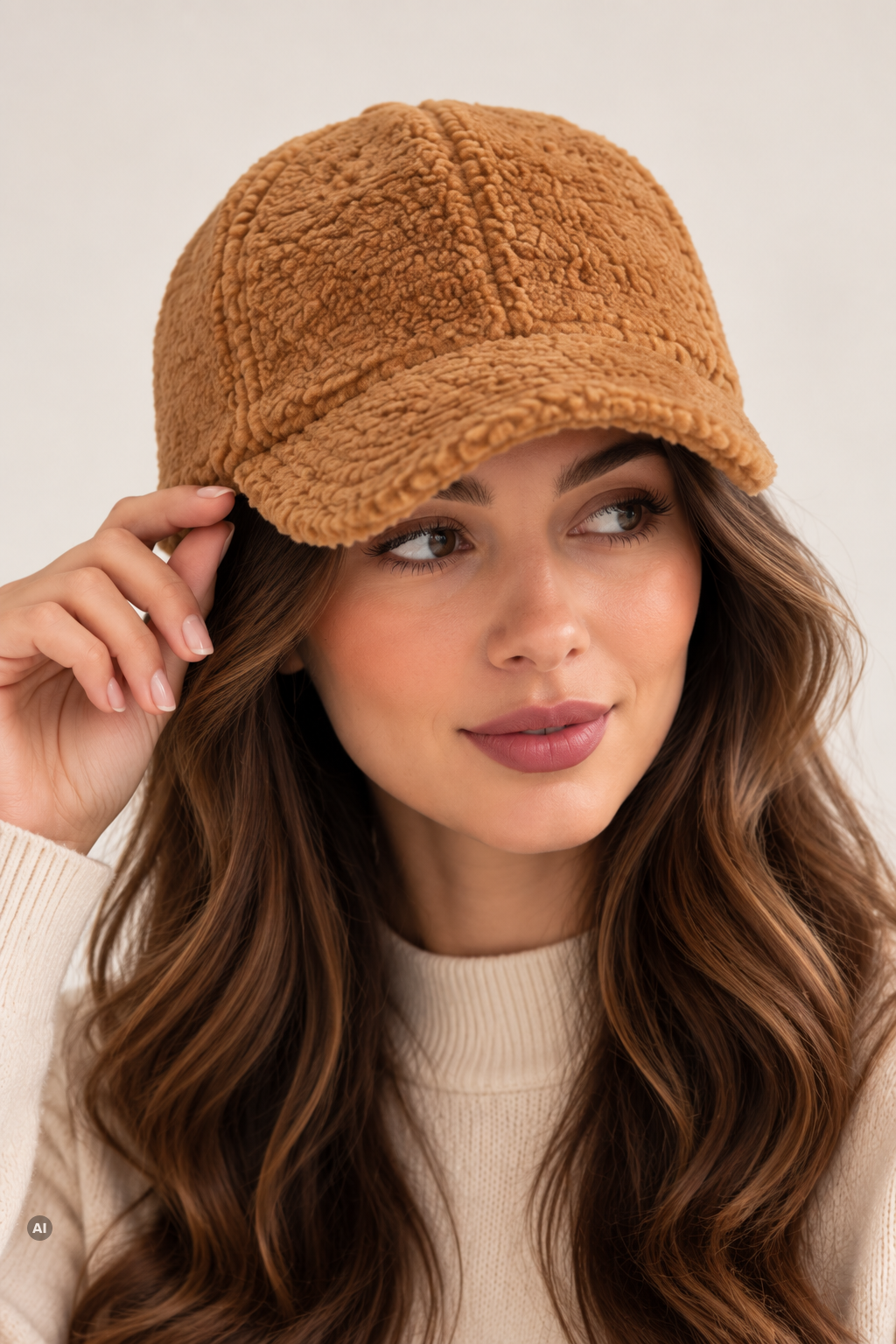 Braune Lammfell-Cap für Damen, frontal am Modell getragen, mit Schirm und weicher Oberfläche.