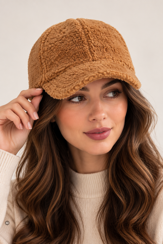 Braune Lammfell-Cap für Damen, frontal am Modell getragen, mit Schirm und weicher Oberfläche.