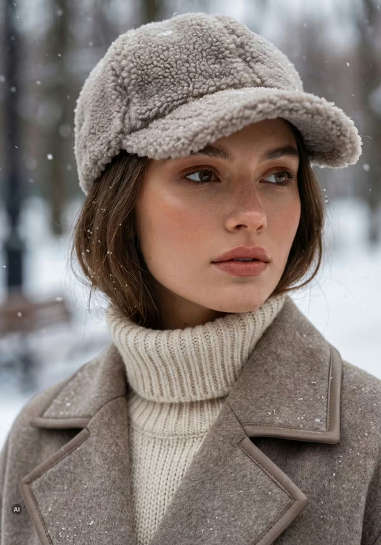 Damen-Cap aus Lammfell in Camel, getragen im Winter mit weichem Schirm und Fellstruktur.
