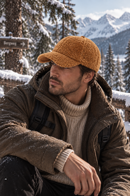 Braune Lammfell-Cap für Herren, seitlich am Modell getragen, mit kurzem Schirm im Winteroutfit.