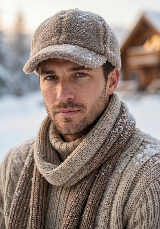Herren-Cap aus Lammfell in Camel, getragen im Winter mit Schirm und sichtbarer Fellstruktur.