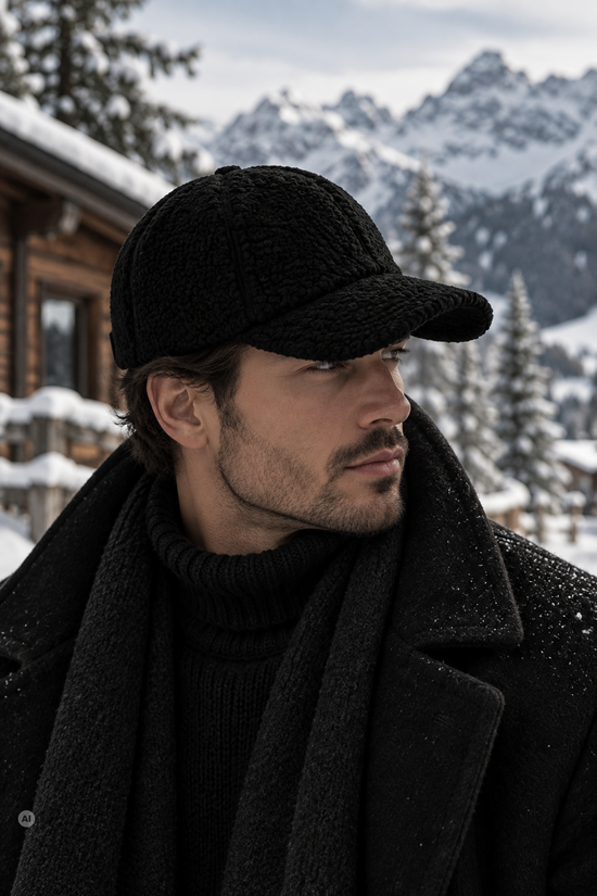 Herren-Cap aus Lammfell in Schwarz, seitlich getragen im Winterlook.