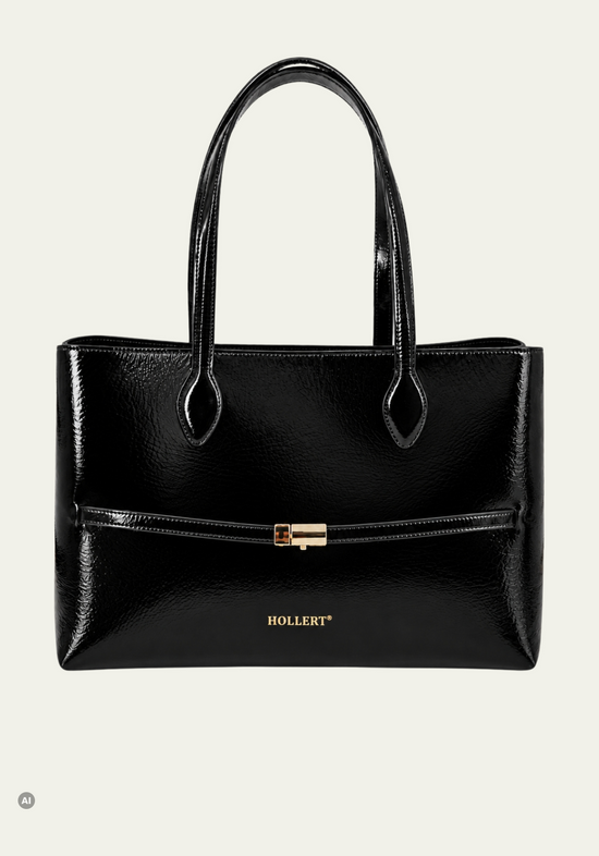 Damen-Henkeltasche Knitted aus Echtleder in Lackoptik Schwarz