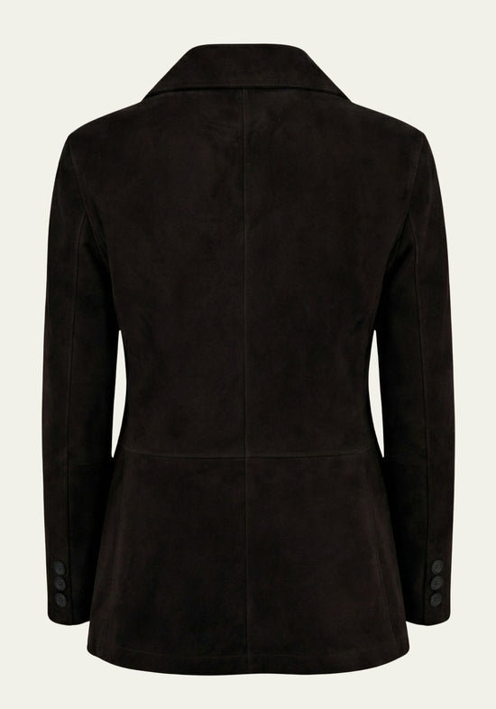 Rückansicht der schwarzen Damen-Jacke aus Veloursleder mit schmaler Taille und Knöpfen am Ärmel.
