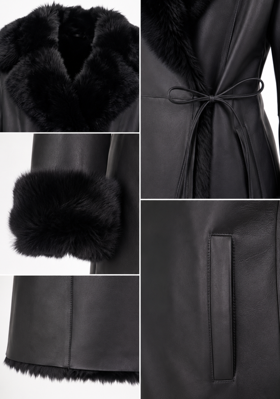 Detailaufnahme vom schwarzen Damen-Lammfellmantel mit Kragen, Gürtel, Ärmelmanschette und Saum