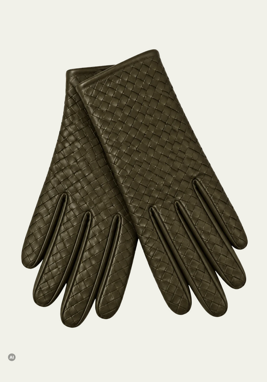 Damen-Lederhandschuhe mit Flechtstruktur und 100 % Kaschmirfutter Olive M03