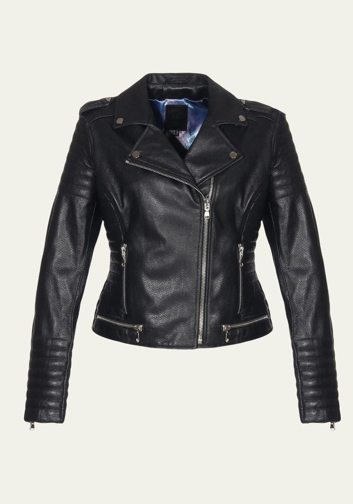 Schwarze Damen-Lederjacke aus Lammnappa mit Reverskragen und Reißverschlüssen, Vorderansicht