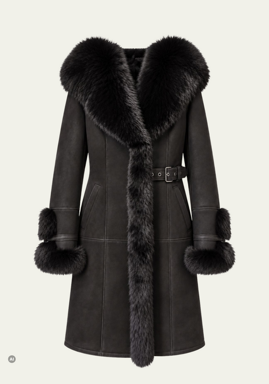 Damen-Shearling-Lammfellmantel Schwarz mit Fuchsfellbesatz und Kapuze