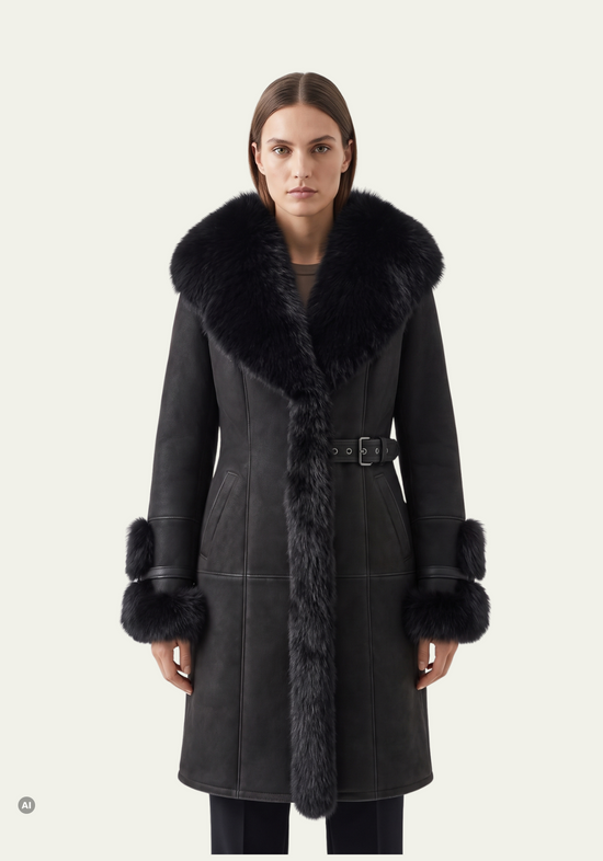 Damen-Shearling-Lammfellmantel Schwarz mit Fuchsfellbesatz und Kapuze