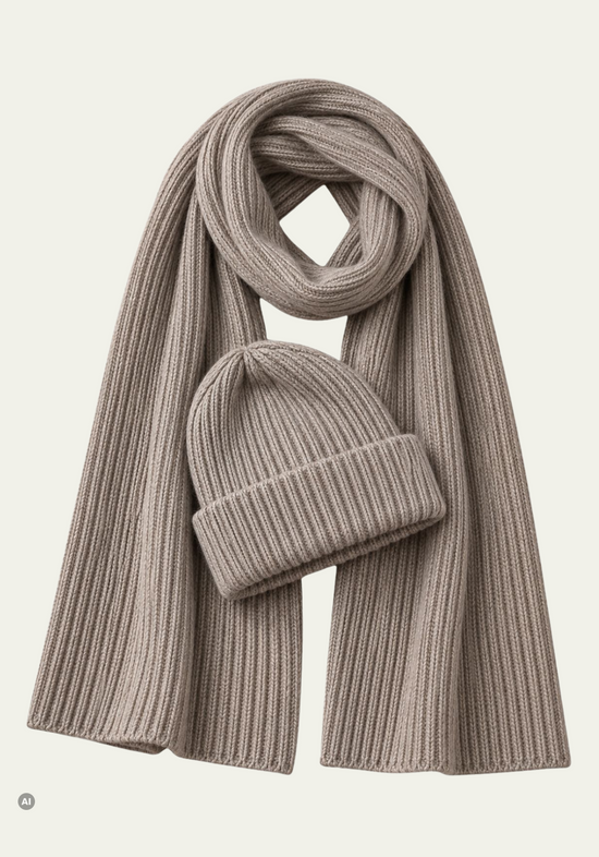 Damen-Strickset Daily – Mütze & Schal aus 100 % Merinowolle Camel