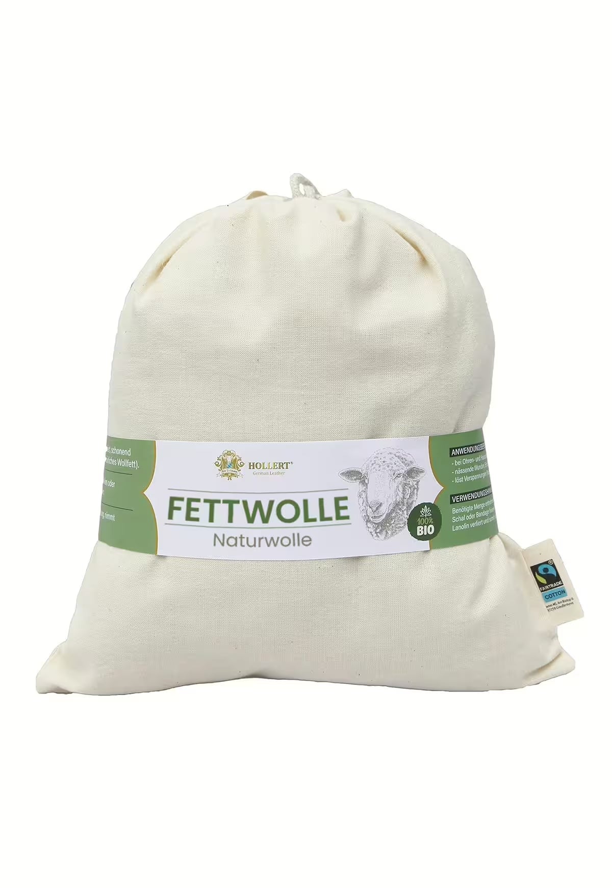Bio Fettwolle Naturwolle in Creme, verpackt im Baumwollsäckchen mit grünem Hollert-Label