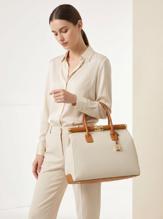 Damen-Handtasche aus Leder in Beige, als Business Bag an der Schulter getragen