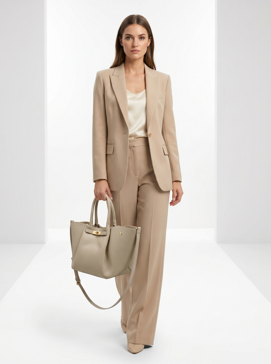 Damen-Handtasche aus Leder in Cremebeige, als Ganzkörperansicht mit passendem Outfit getragen.