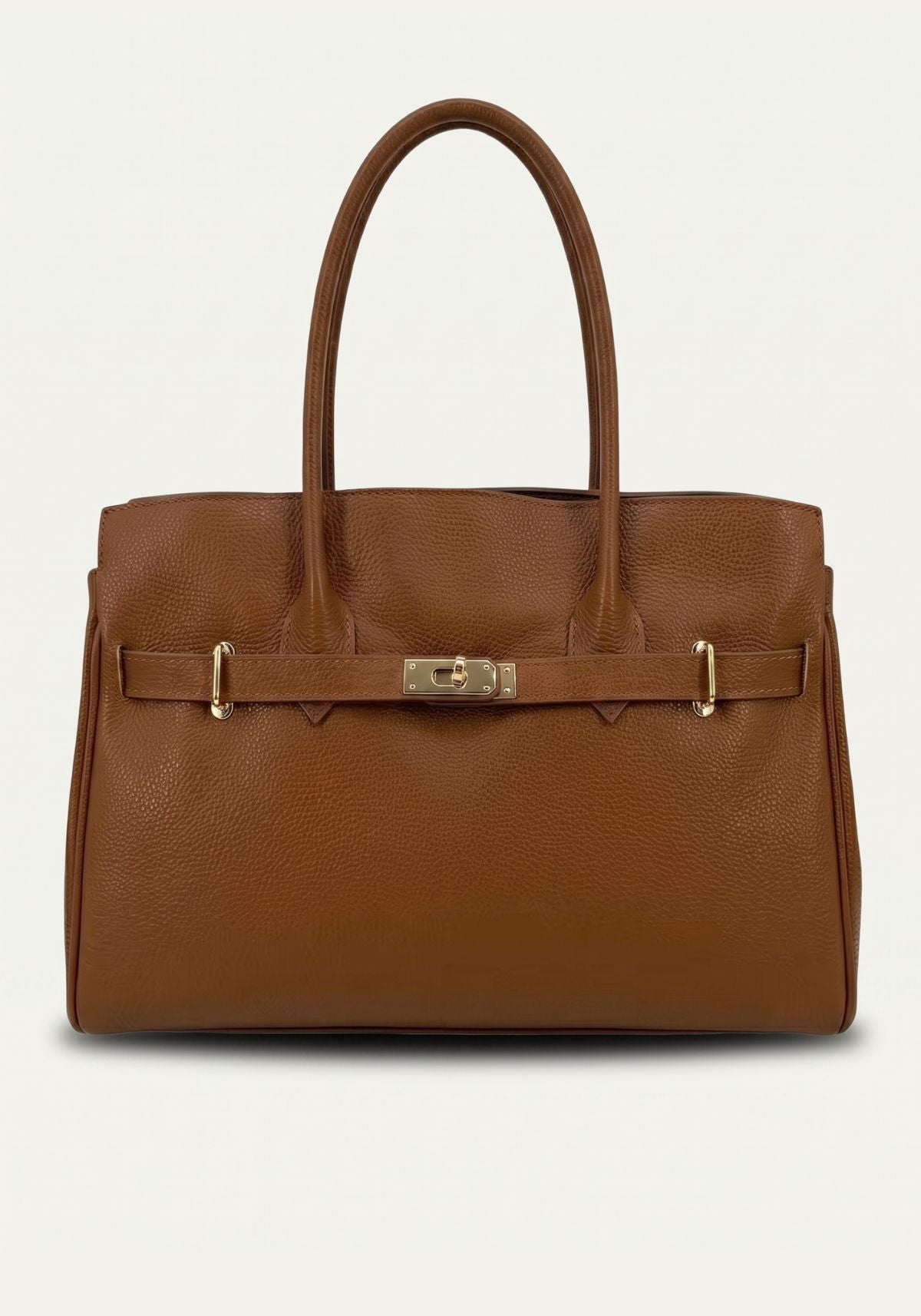 Kamelbraune Lederhandtasche für Damen in Frontansicht mit Henkeln und Schlossriegel.