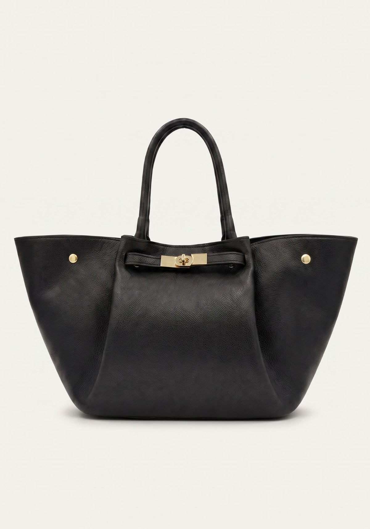 Schwarze Damen-Handtasche aus Leder in Frontansicht mit goldfarbenen Details.
