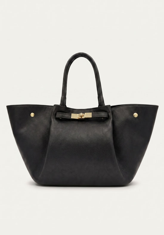 Schwarze Damen-Handtasche aus Leder in Frontansicht mit goldfarbenen Details.