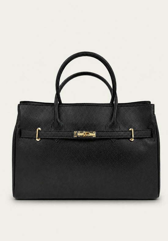 Schwarze Damen-Handtasche aus Leder in Frontansicht mit goldfarbenem Verschluss und zwei Henkeln.