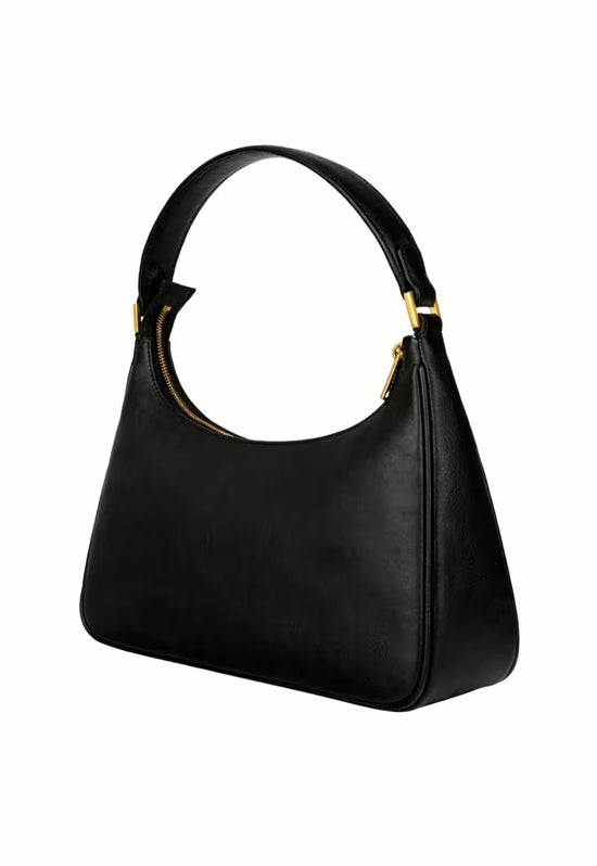 Schwarze Damen-Ledertasche in schräger Seitenansicht mit goldfarbenen Details