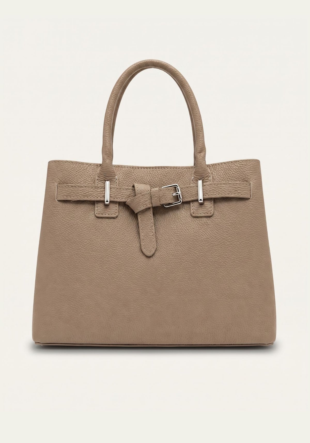 Taupefarbene Damen-Handtasche aus Leder in Frontansicht mit Tragegriffen und Verschlussdetail.